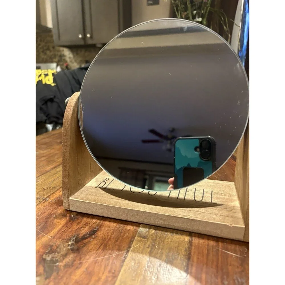 Rae Dunn Round Wooden Framed Vanity Tabletop Mirror Modern Home Decor